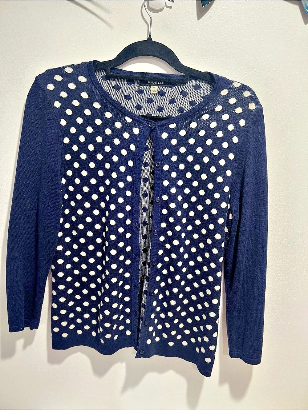 August Silk Polka Dot Cardigan in Blue & White Size Medium Like New